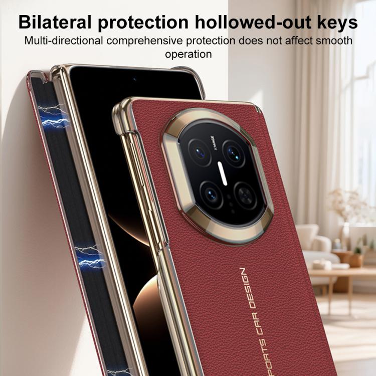 Red and black magnetic leather phone cases with central hinge, camera cutouts