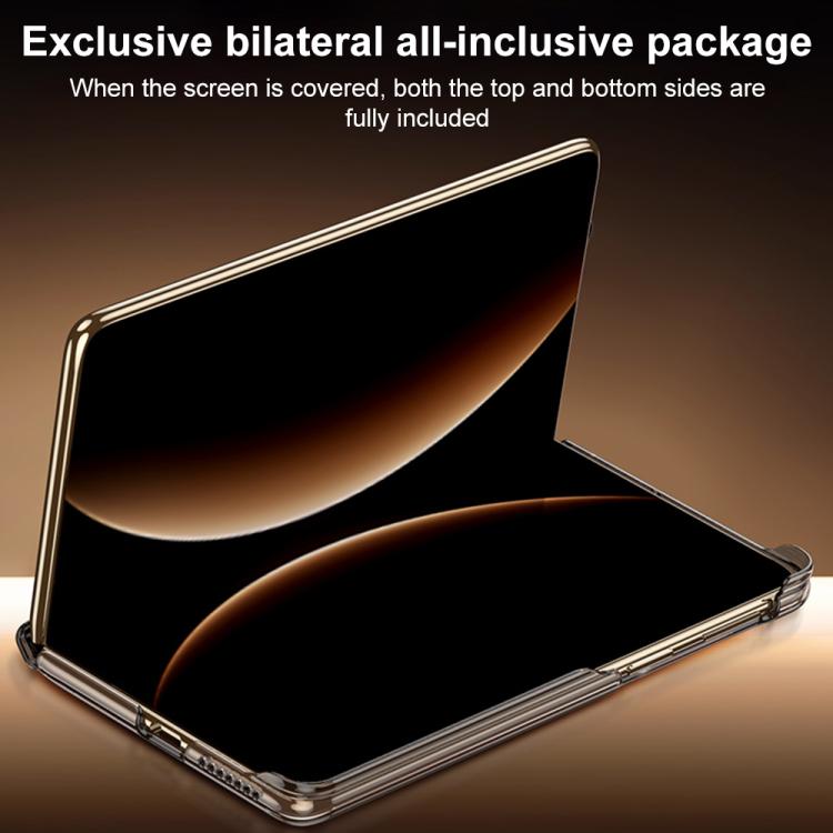Black magnetic leather phone case with central hinge, open flat protective cover
