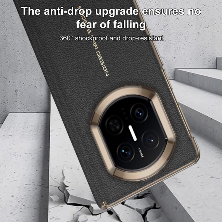 Black magnetic leather phone case with raised camera bezel and anti-drop hinge design