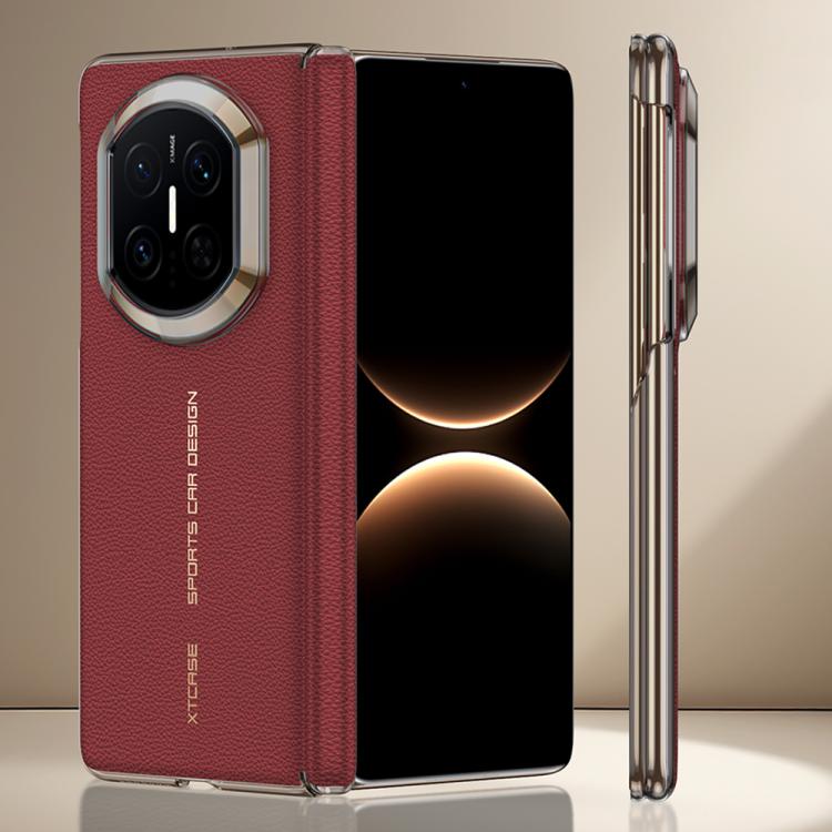 Red dual-center hinge magnetic leather phone case for foldable phone, side view