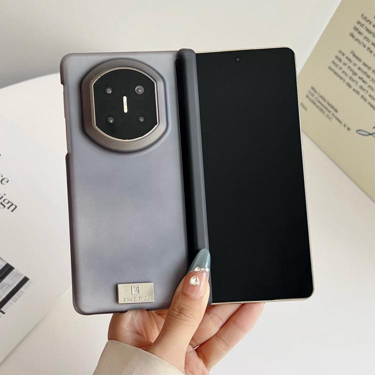 Dark gray magnetic dual-hinge phone case, back view with camera cutout and nameplate