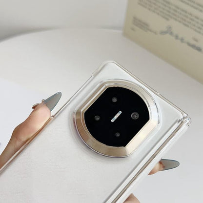 Transparent magnetic dual-hinge phone case with nameplate and oval camera cutout