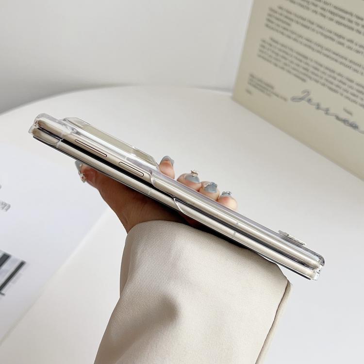 Transparent phone case edge view with button cutouts and hinge design