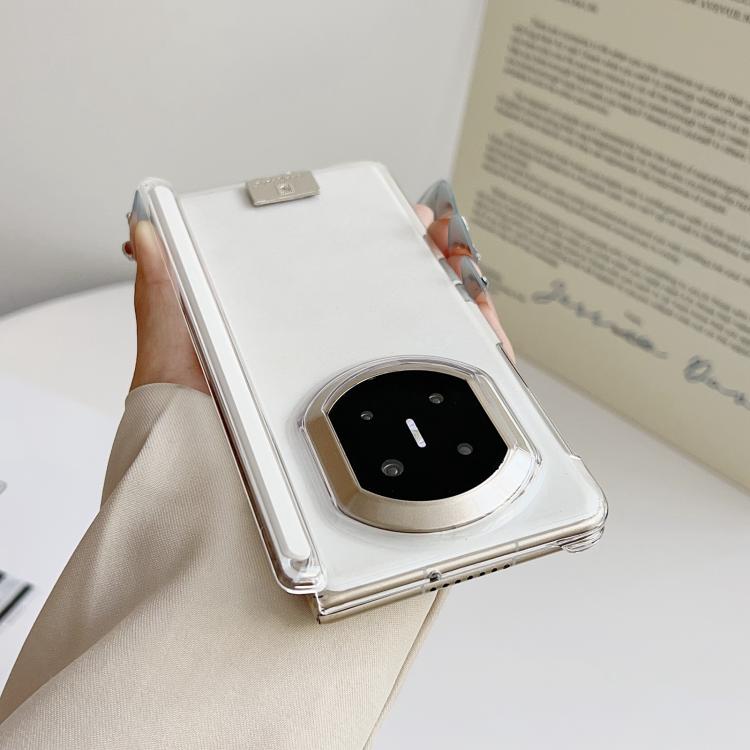 Transparent phone case with clear back, oval camera window, and magnetic nameplate