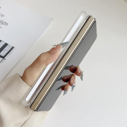 Transparent phone case with clear side panel and hinge openings