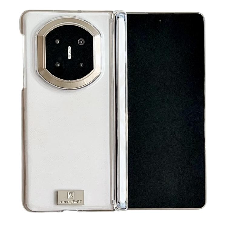 White magnetic dual-hinge phone case with nameplate, exposed hinge, camera cutout