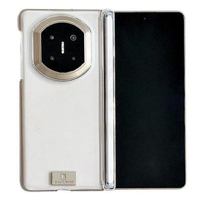 White magnetic dual-hinge phone case with nameplate, exposed hinge, camera cutout