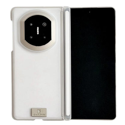 White magnetic dual-hinge phone case with nameplate, hinge detail, camera cutout