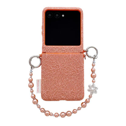 Rose lace-embossed phone case with metal hooks and pearl beaded wrist strap