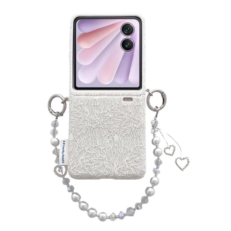 White lace-embossed phone case with dual metal hooks and pearl wrist strap, heart charm