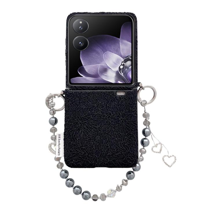 Black lace-embossed phone case with metal hooks and pearl wrist strap