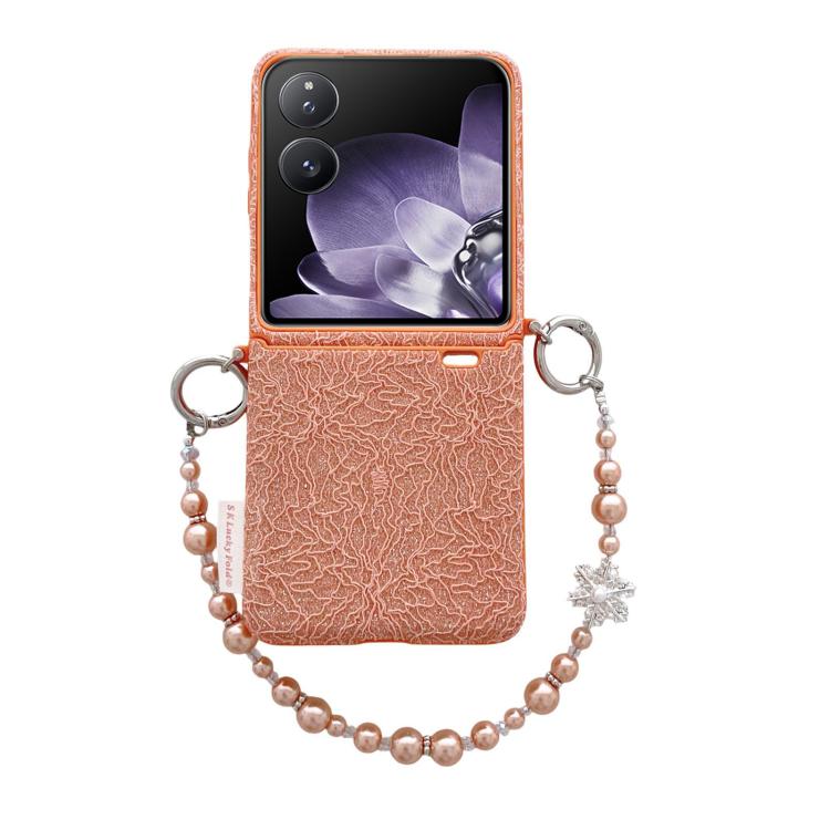 Orange lace-embossed phone case with metal hooks and pearl wrist strap
