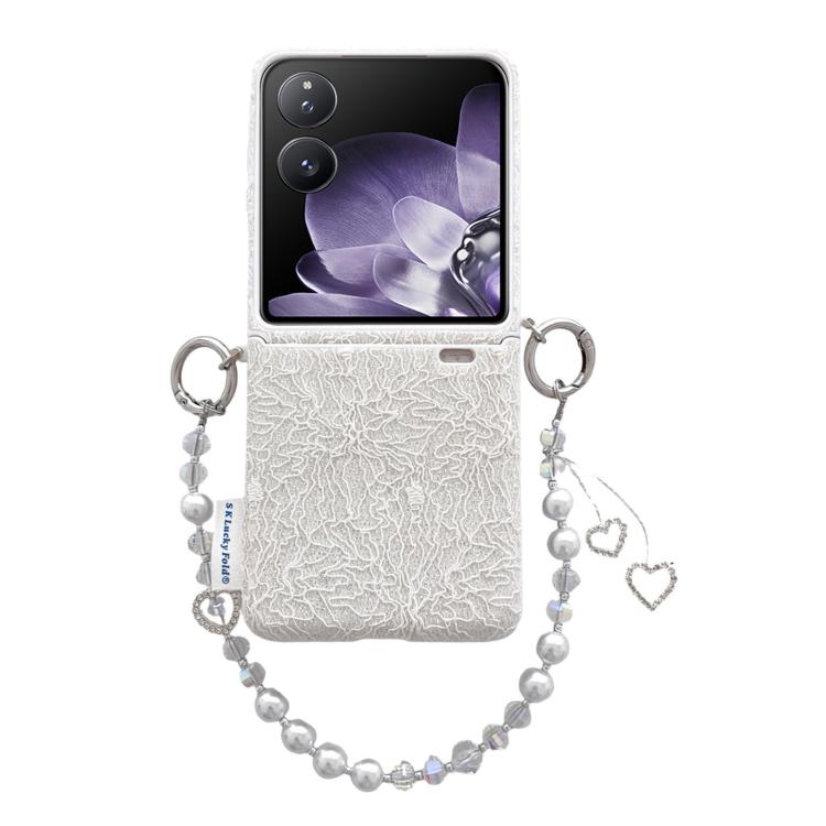 White lace-embossed phone case with metal hooks and pearl wrist strap