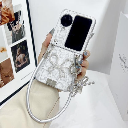 Scale Texture Bow Phone Case with Wrist Strap / Nameplate, For OPPO Find N3 Flip