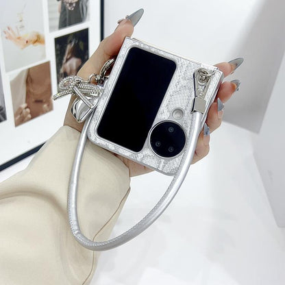 Scale Texture Bow Phone Case with Wrist Strap / Nameplate, For OPPO Find N3 Flip