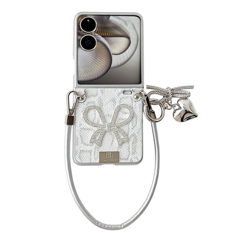 Silver scale-texture phone case with bow pattern, wrist strap, heart bow charm