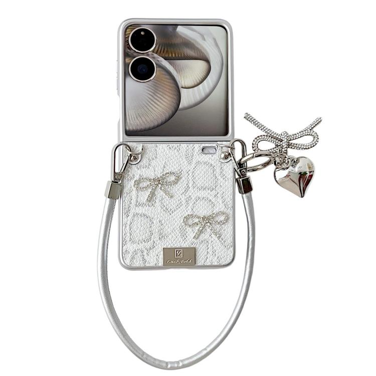 Silver scale-texture phone case with butterfly pattern, wrist strap, heart and bow charms