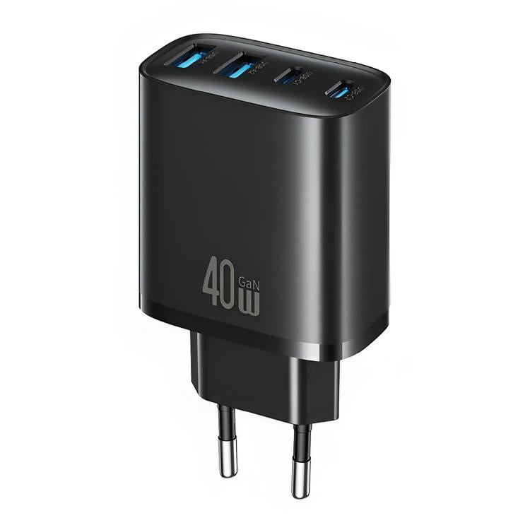 Black 40W GaN charger with four ports and EU plug, dual USB-C and dual USB-A