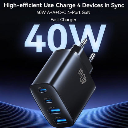 Black 4-port GaN fast charger with EU plug, four-device charging from four ports
