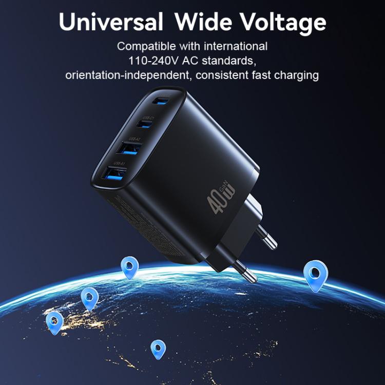 Black 40W GaN charger with EU plug, compact power adapter with two prongs