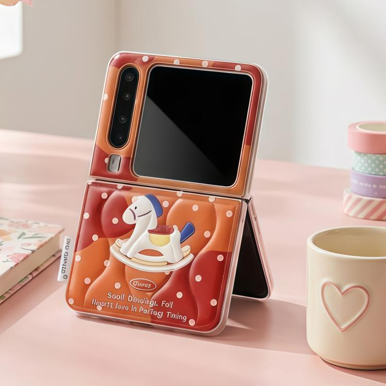 Orange flip phone case with horse pony graphic and white polka dot trim