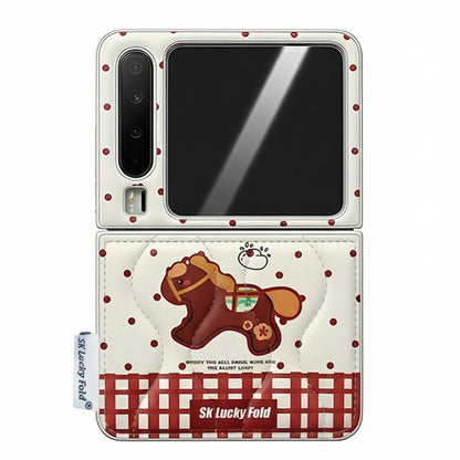 White flip phone case with bear illustration, red plaid base and dotted accents