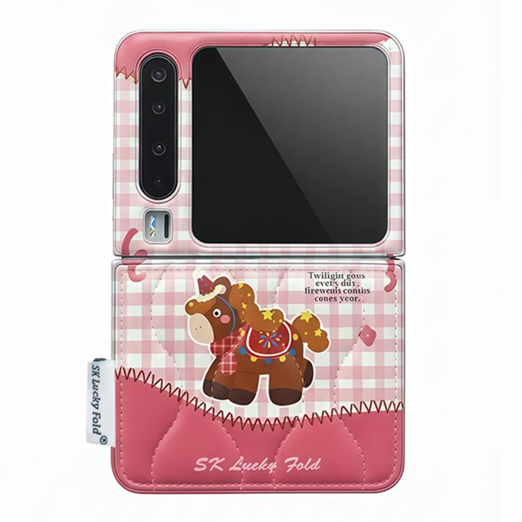 Pink gingham flip phone case with bear pony graphic and stitched border