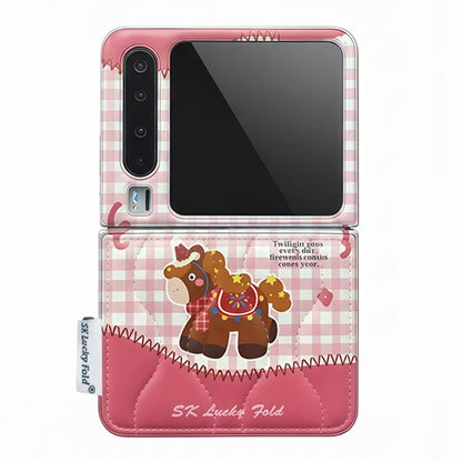 Pink gingham flip phone case with bear pony graphic and stitched border