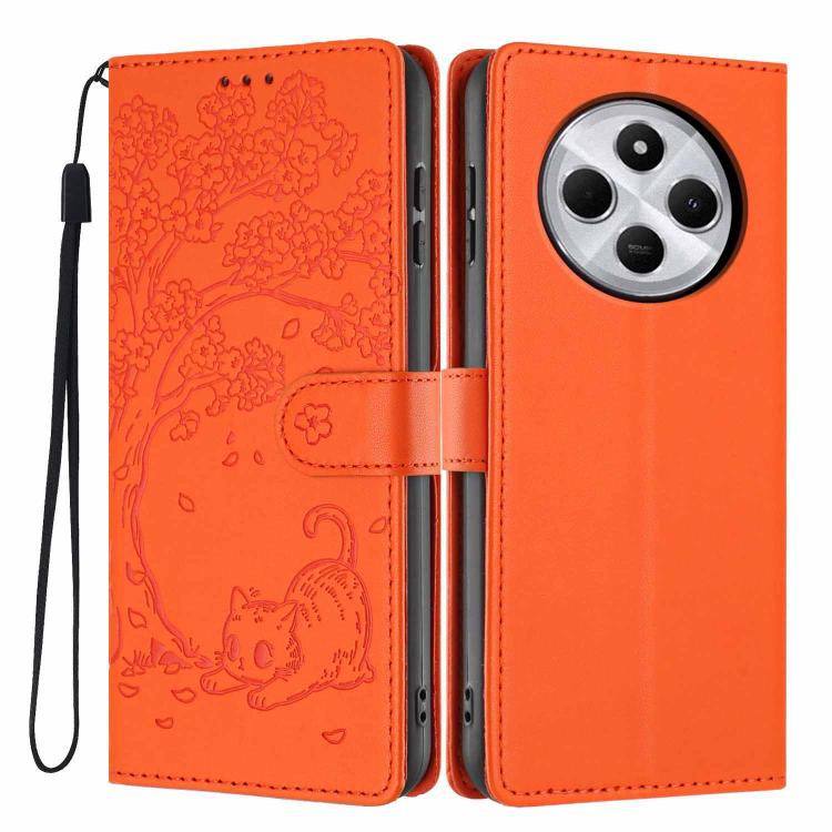 Orange flip phone case with cat embossed design, vegan leather, wrist strap, camera cutout