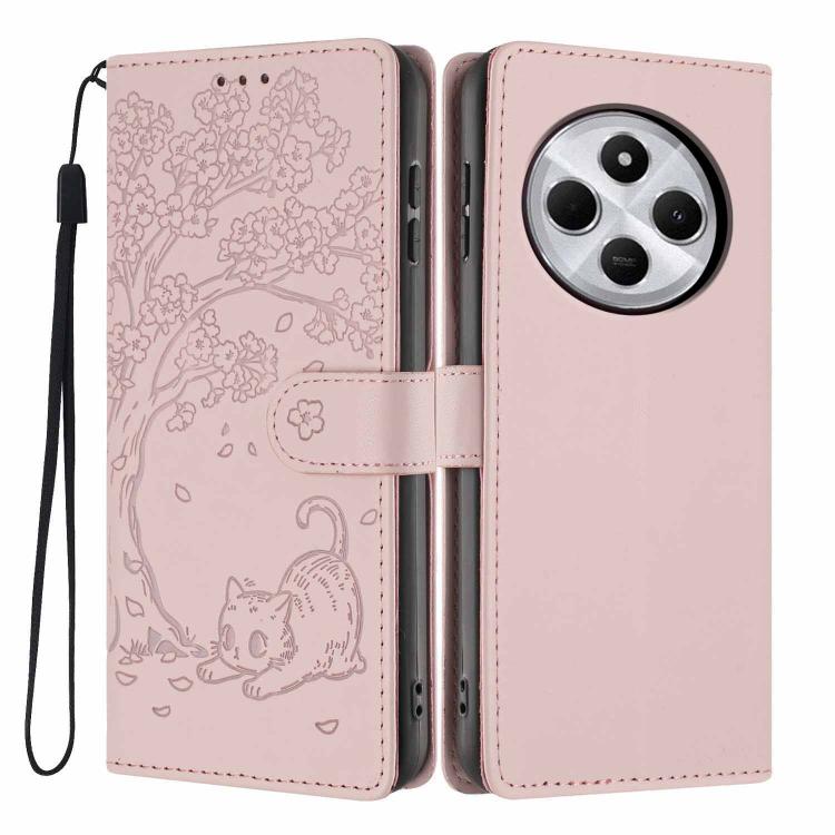 Rose pink flip phone case with cat embossed design, vegan leather, wrist strap, camera cutout