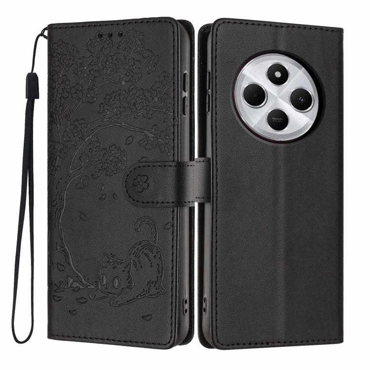 Black flip phone case with cat embossed design, vegan leather, wrist strap, camera cutout