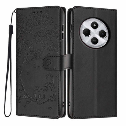 Black flip phone case with cat embossed design, vegan leather, wrist strap, camera cutout