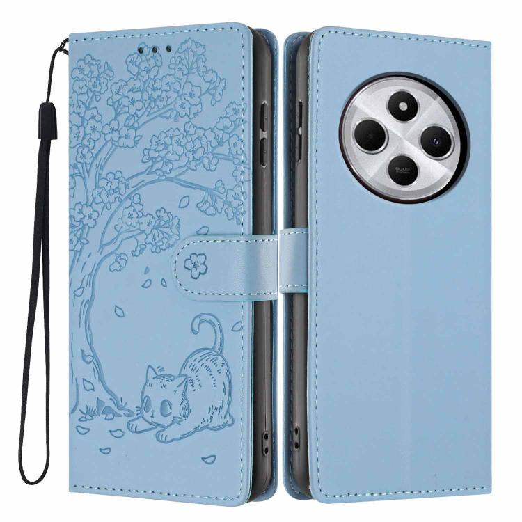 Light blue flip phone case with cat embossed design, vegan leather, wrist strap, camera cutout