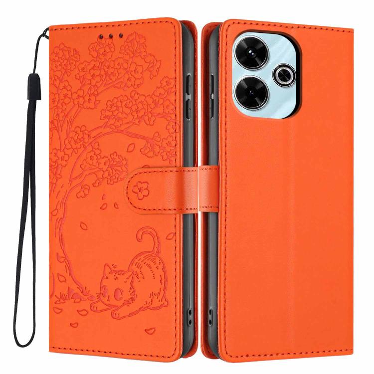 Orange embossed tree cat flip vegan leather phone case with wrist strap and belt