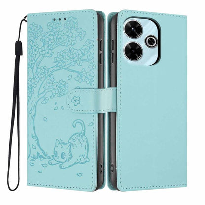 Sky blue embossed tree cat flip vegan leather phone case with wrist strap