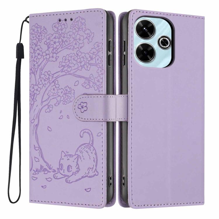 Purple cat-embossed flip vegan leather phone case with wrist strap, front and back