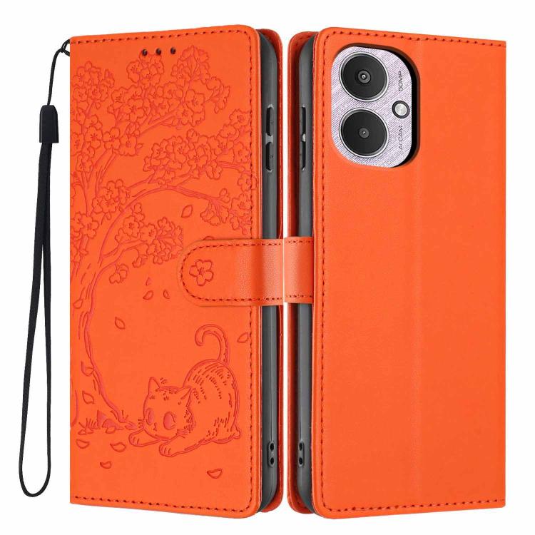 Tree cat embossed flip vegan leather phone case, orange, with wrist strap and card holder