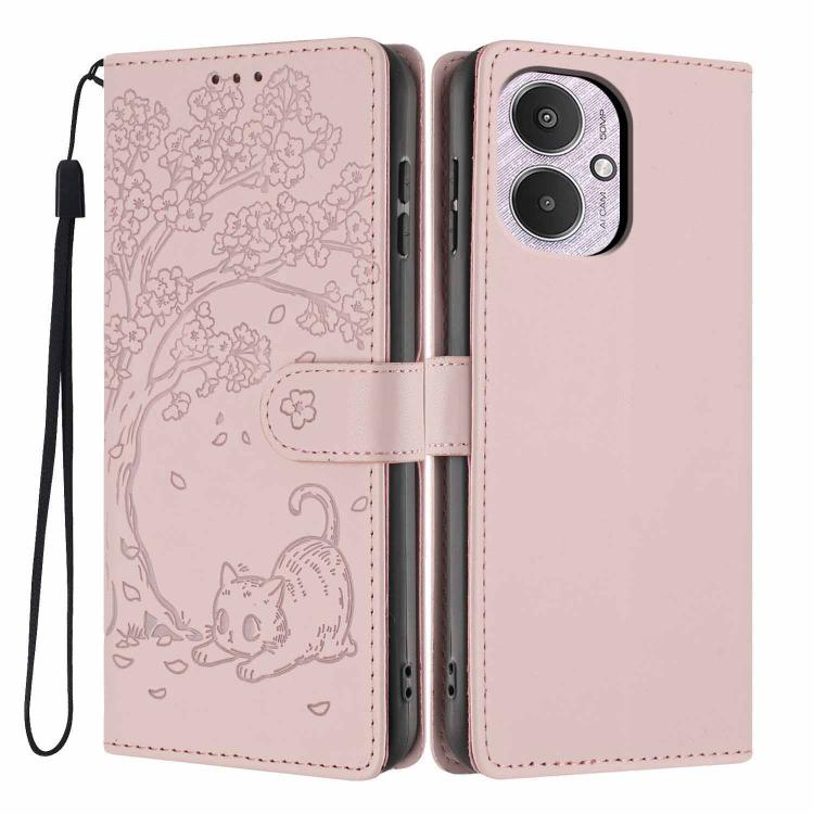 Rose pink tree cat embossed flip vegan leather phone case with wrist strap