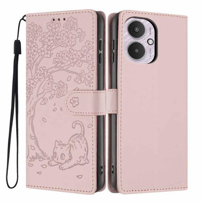 Rose pink tree cat embossed flip vegan leather phone case with wrist strap