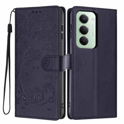 Dark purple embossed flip vegan leather phone case with cat tree design and wrist strap.