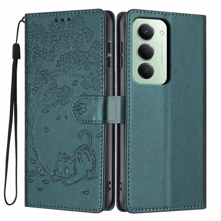 Teal embossed tree-and-cat flip phone case with vegan leather and wrist strap