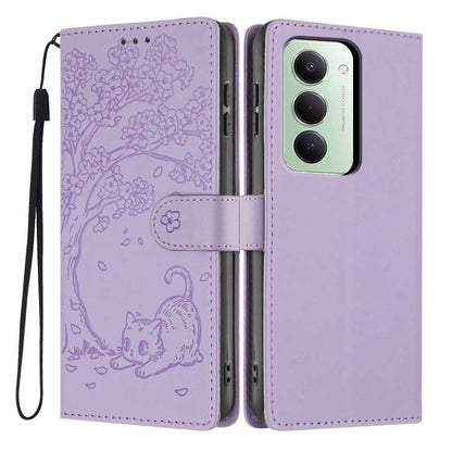 Purple embossed tree-and-cat flip phone case with vegan leather and wrist strap