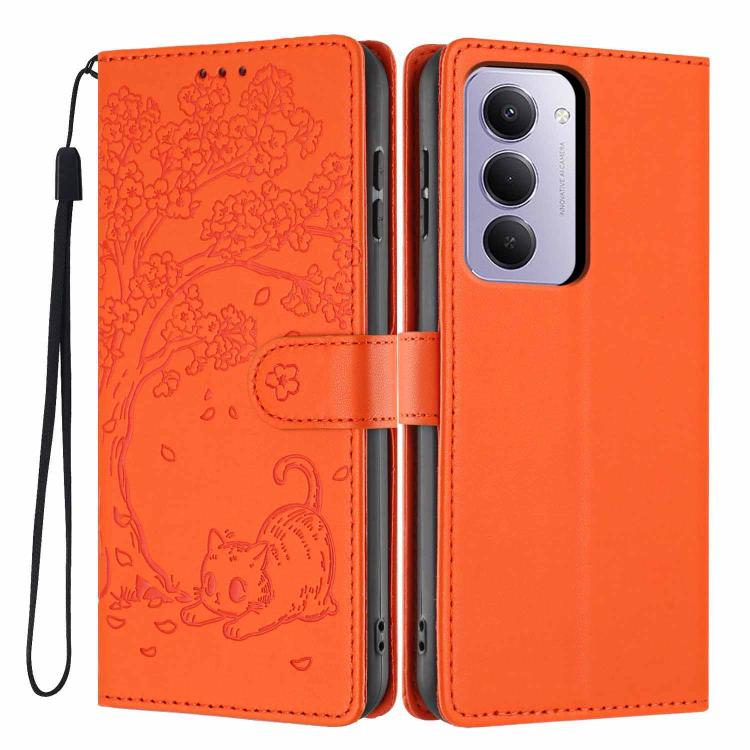Orange embossed cat flip phone case with magnetic strap and wrist lanyard.