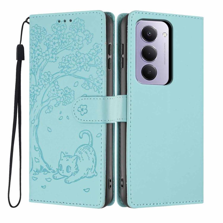 Light blue embossed cat flip phone case with magnetic strap and wrist lanyard.