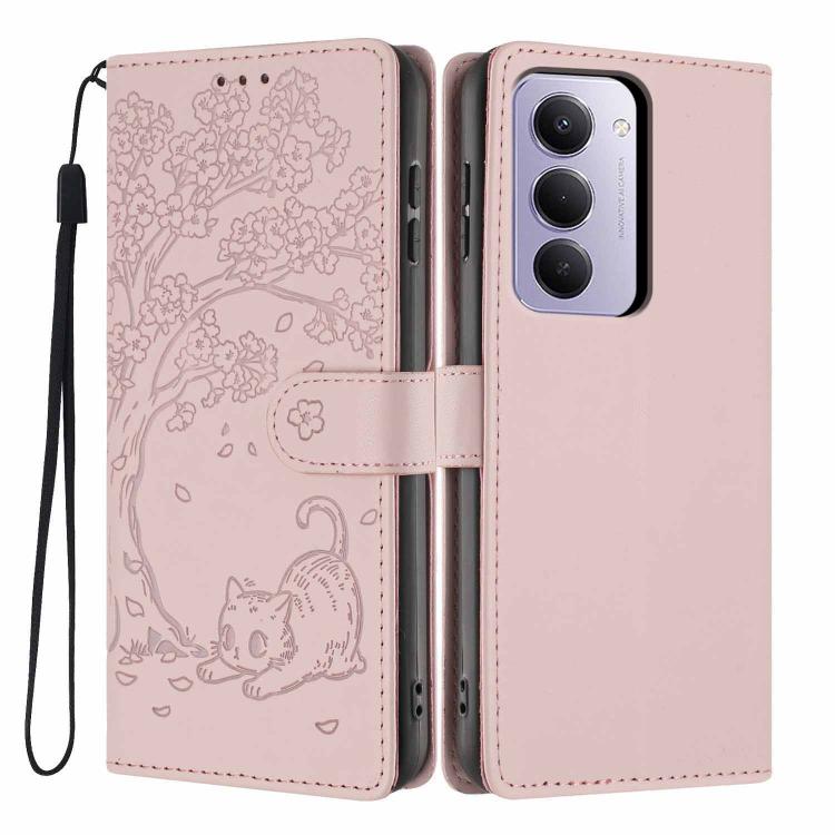 Rose pink embossed cat flip phone case with magnetic strap and wrist lanyard.