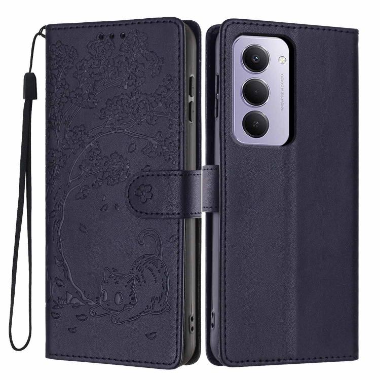 Dark purple embossed flip vegan leather phone case with cat tree design and wrist strap.
