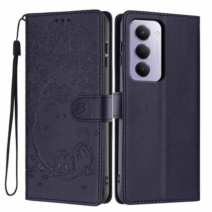 Dark purple embossed flip vegan leather phone case with cat tree design and wrist strap.