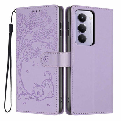 Lilac purple embossed flip vegan leather phone case with cat tree design and wrist strap.