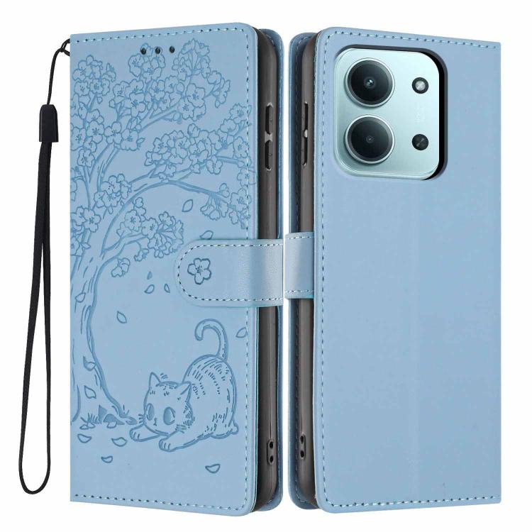 Sky blue embossed cat flip phone case with magnetic strap and wrist lanyard.