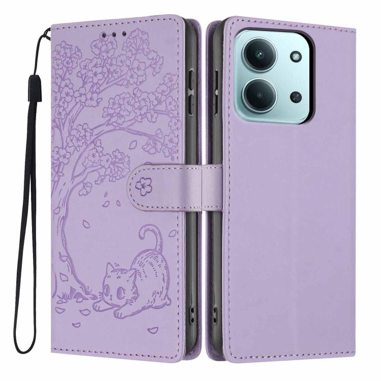 Purple embossed cat flip phone case with magnetic strap and wrist lanyard.